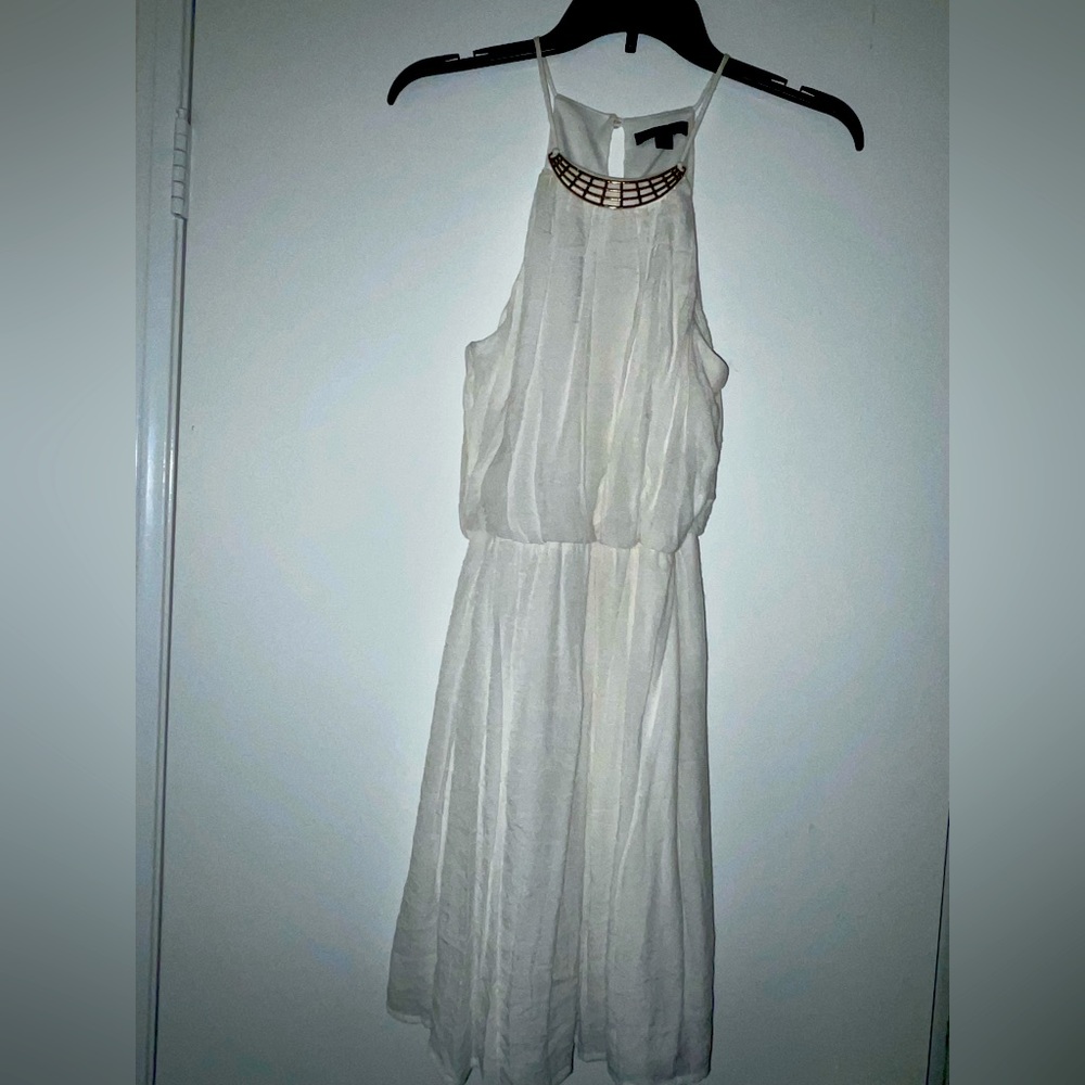 White Dress with High Neckline and Gold Detailing